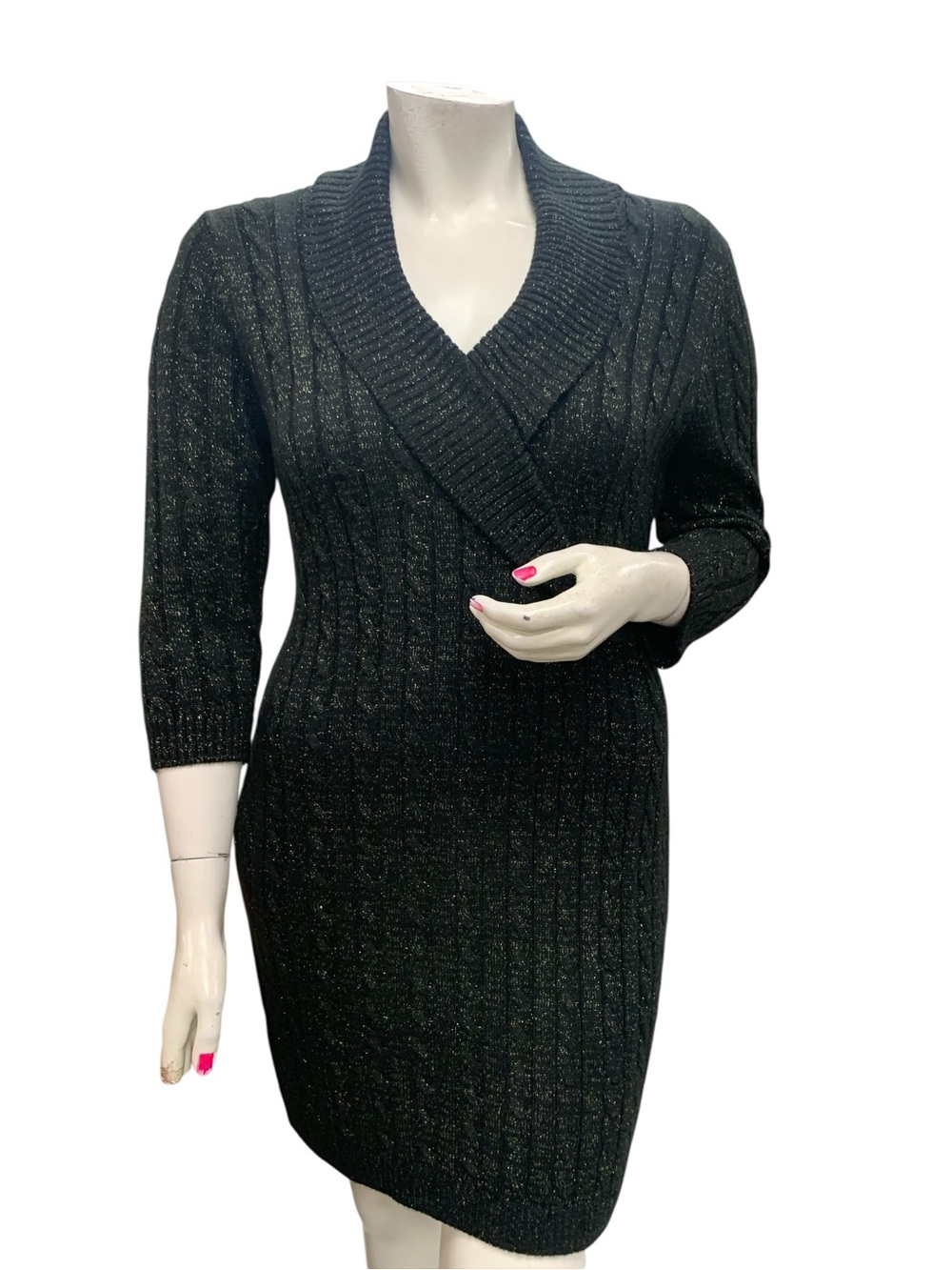 Calvin Klein Black Shimmer Rib V-Neck Sweater Dress